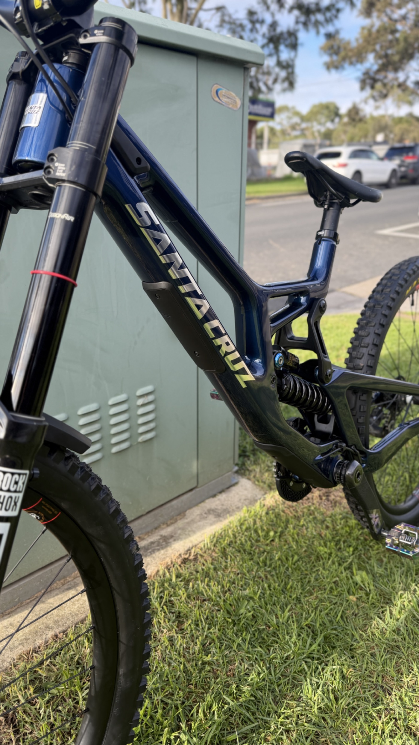 Close detail of protective film on a blue mountain bike